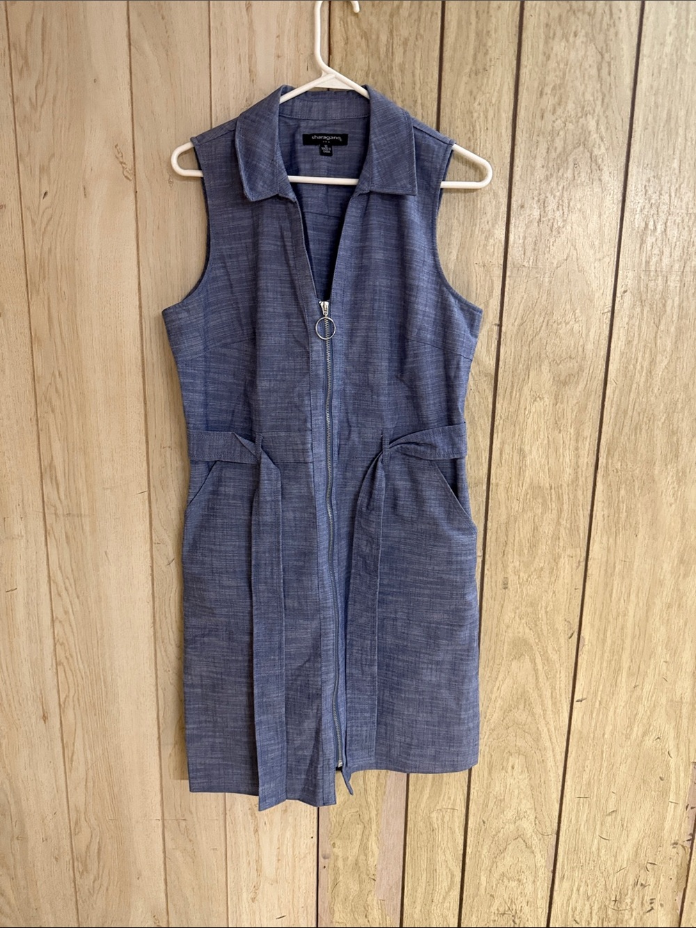 Sharagano Chambray Blue Sleeveless Zip-Front Midi Dress